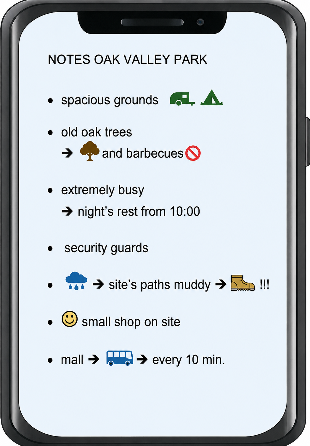 Notizen zu Oak Valley Park auf einem Smartphone-Display mit Stichpunkten und Symbolen